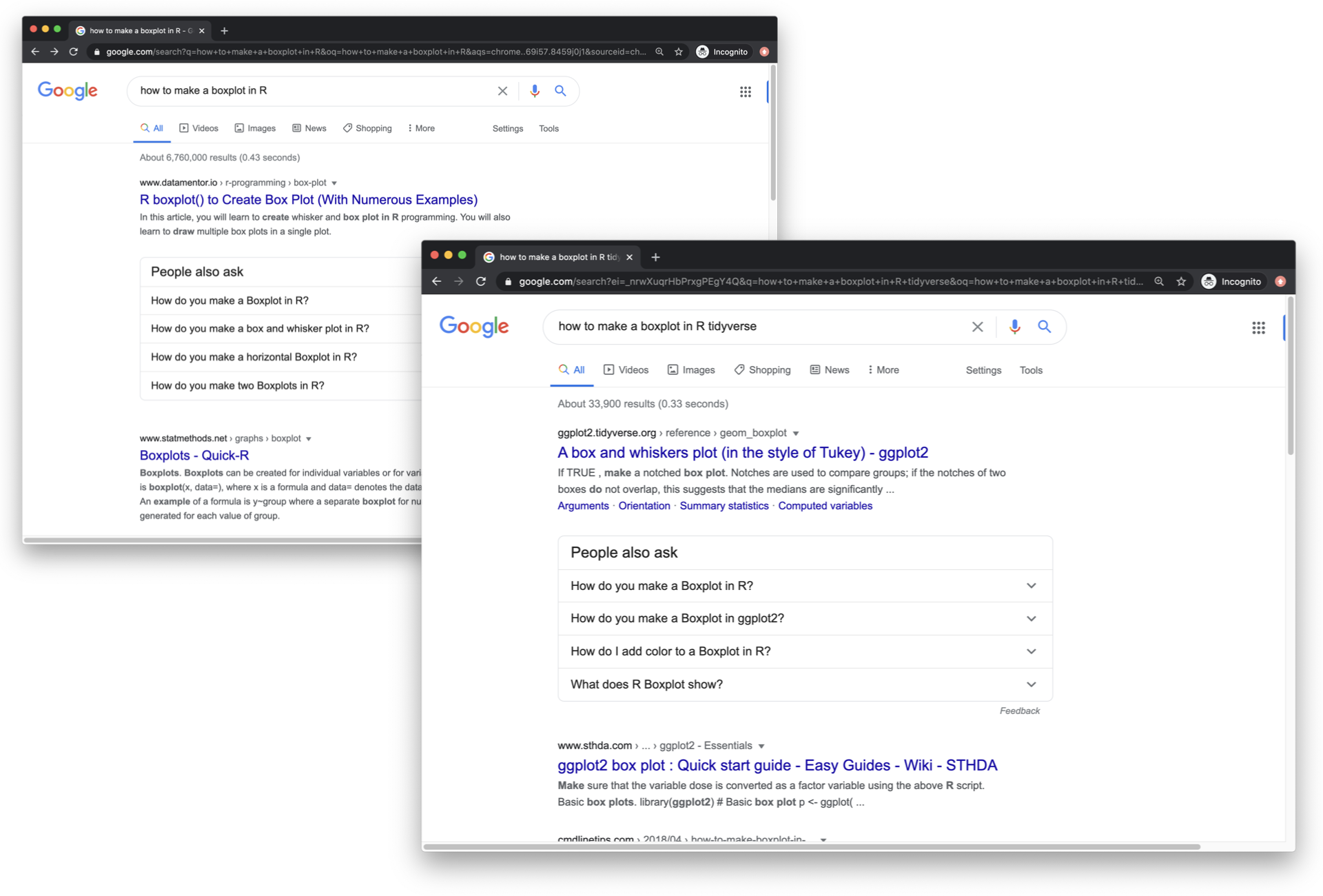 Search results for 'how to make a boxplot in R' with and without 'tidyverse' appended to the search phrase.